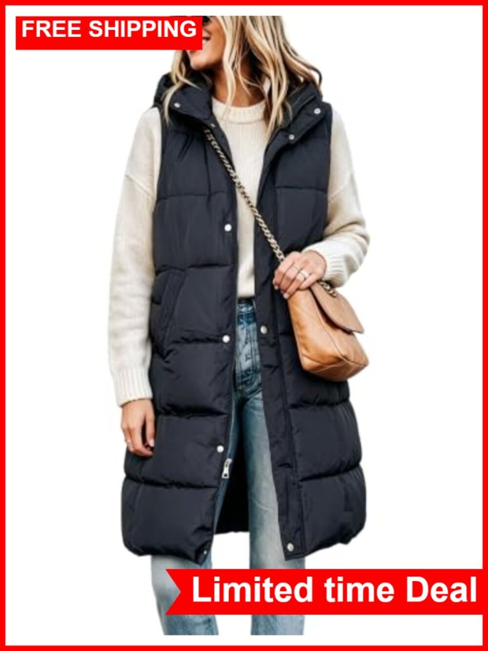 Fiona Jolin Long Puffer Vest Women Removable Hood Outwear